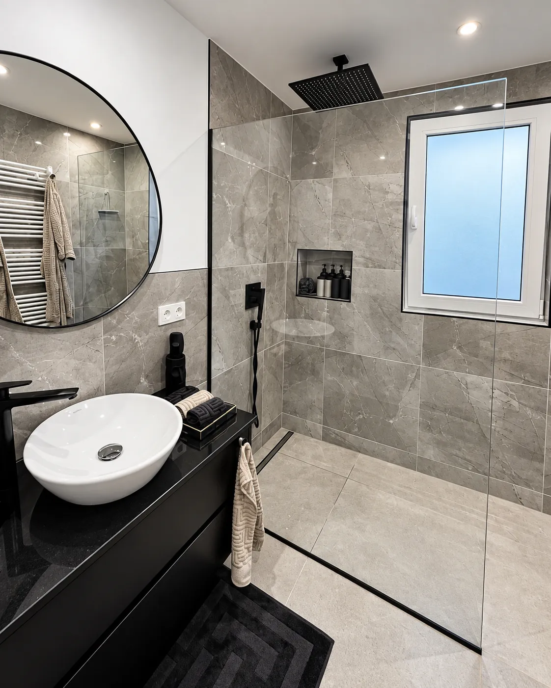 Bad mit grauen Großformatfliesen in Marmoroptik, Walk-in-Dusche mit Glaswand und Wandnische, Waschtisch mit Aufsatzbecken