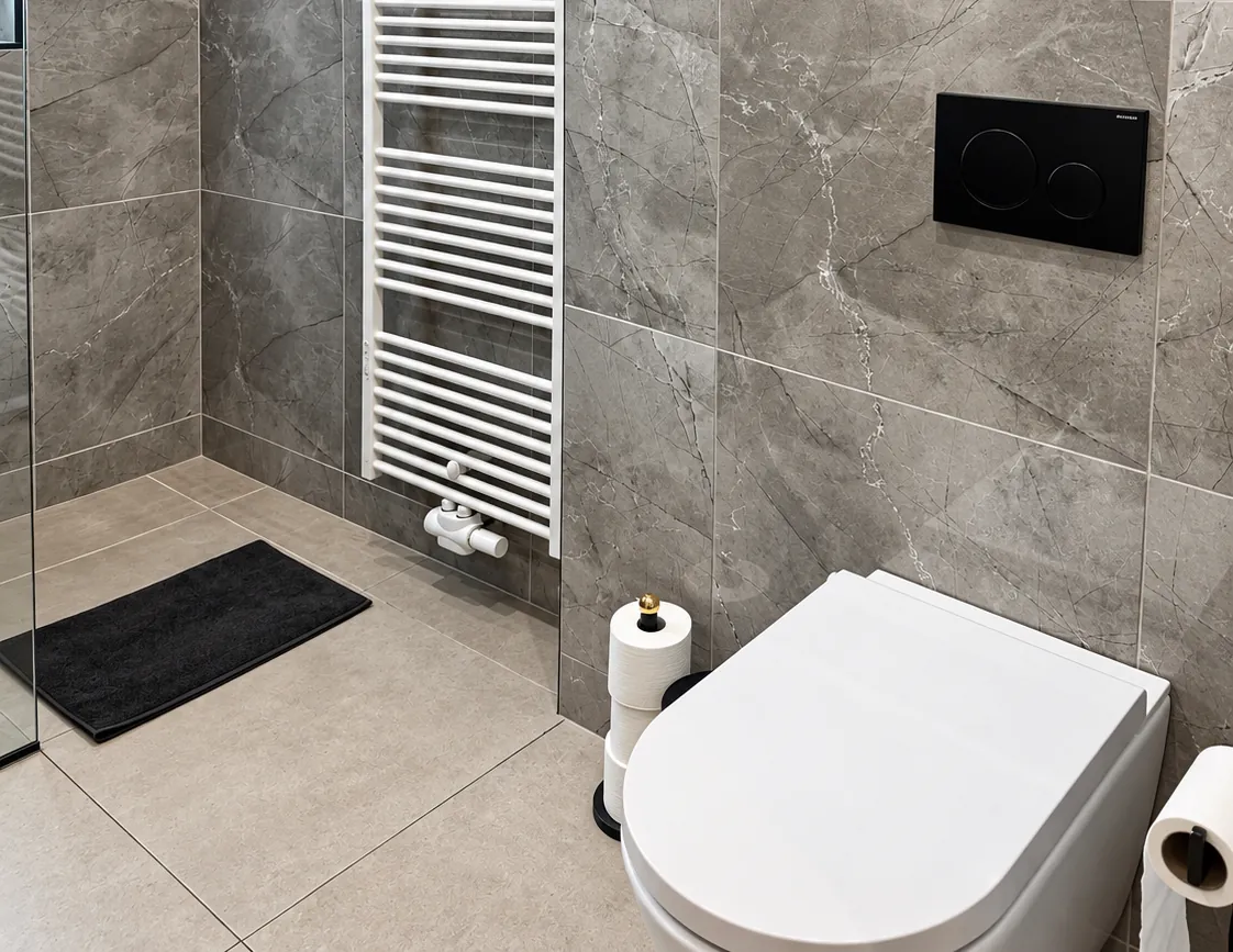 Bodengleicher Duschbereich und Wand-WC mit grauen Großformatfliesen